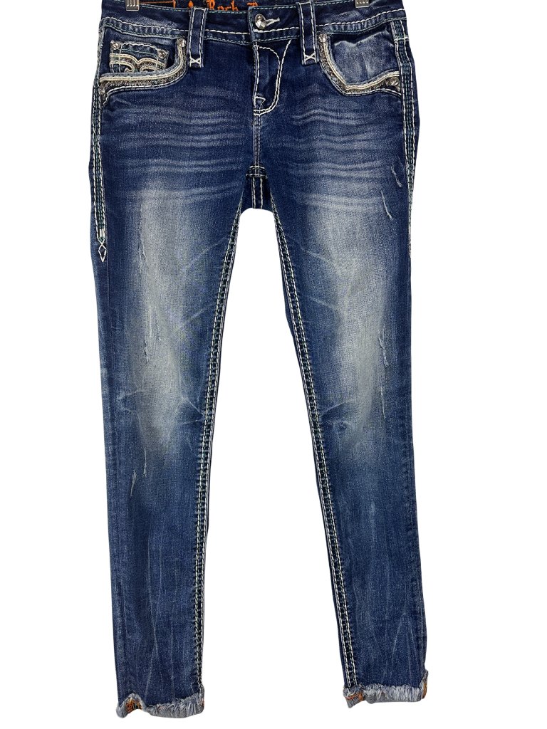 Rock Revival Blue Jelina Cuffed Ankle Skinny, Washed Embroidered Jeans Size 26